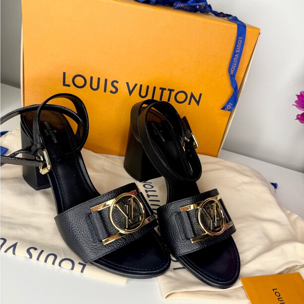 Louis Vuitton Black Leather Block Heel Sandals with Gold LV Plaque